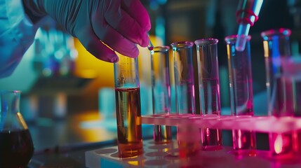 Fototapete - A scientist uses laboratory equipment for a research experiment test tube is essential for chemists to use in experiments scientific researchers must concentrate on testing samples in  : Generative AI