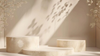 Fototapete - Stone Podium for promotion on beige Background Natural pedestal Two stone podiums with floral shadow Beauty product mockup Scene to show products Showcase display case Front View : Generative AI