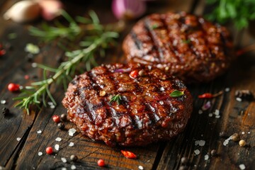 Canvas Print - Closeup of delicious seasoned grilled hamburger patties on wooden table