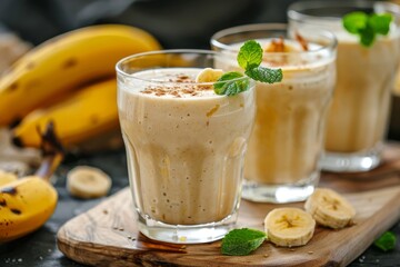 Wall Mural - Closeup view of a banana protein smoothie served in a glass on a wooden board