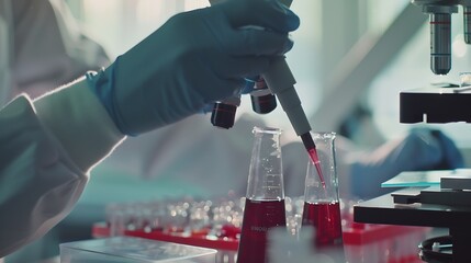 Poster - Scientist working in laboratory using micropipette Mixing liquid chemicals with genetically modified samples under a biotechnology microscope Development of microbiology research exper : Generative AI
