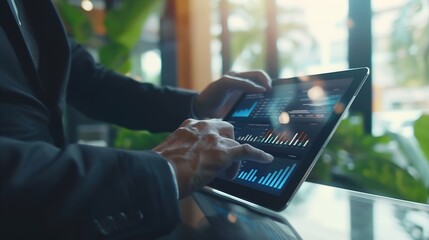 Aufkleber - Business finance and investment concept Businessman using digital tablet analyzing and calculating financial data with economic graph growth chart Business strategy and planning market : Generative AI