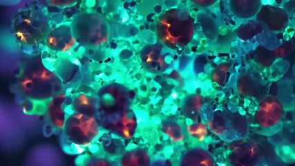 Fototapete - A cluster of cells illuminated in a vibrant blue-green glow, with a few cells displaying a darker, reddish hue. The background is a soft, blurry purple.