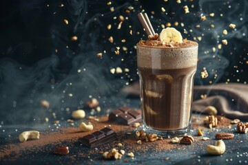 Canvas Print - Dark background with chocolate milkshake smoothie containing banana protein and nuts