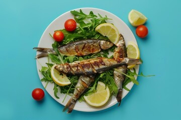 Wall Mural - Deep fried sardine fillet with arugula onion tomatoes and lemon on a white plate on a blue background