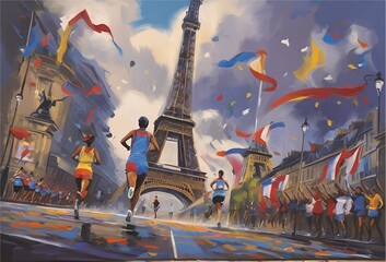 Sports games 2024 in Paris France. Athletes running, sports event, Eiffel tower background