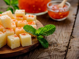 Dice of tapioca Traditional Brazilian finger food Tapioca and cheese squares with hot pepper jelly Wooden table Text space available