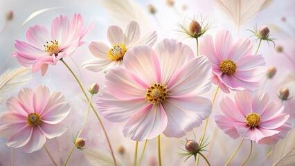 Wall Mural - Delicate pink cosmos flowers with soft, feathery petals and golden centers float gently against a transparent background, evoking a sense of ethereal whimsy.