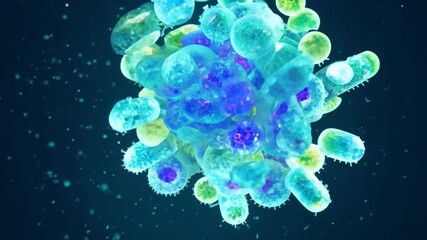 Leinwandbilder - A cluster of brightly colored cells, with blue, green, and yellow hues, glows in the center of the frame. The background is dark blue with a faint scattering of smaller, light-colored particles.