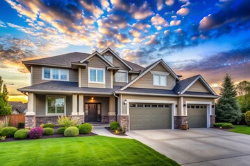 Beautiful modern suburban home exterior boasts a spacious three-car garage and lush green lawn, bathed in warm sunlight under a vibrant blue sky with scattered clouds.