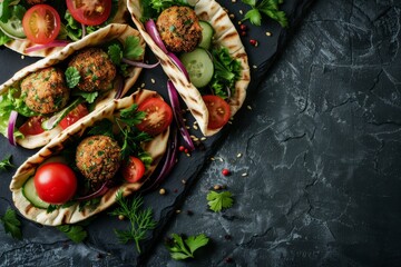 Canvas Print - Falafel and veggies in pita bread dark backdrop