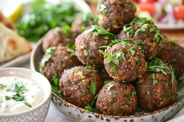 Canvas Print - Falafel balls served with two dips