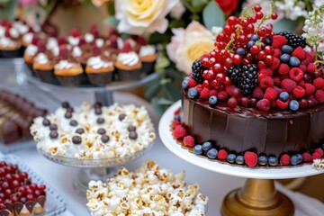 Wall Mural - Assorted dessert table at party with berries popcorn canapes candies and chocolate cake