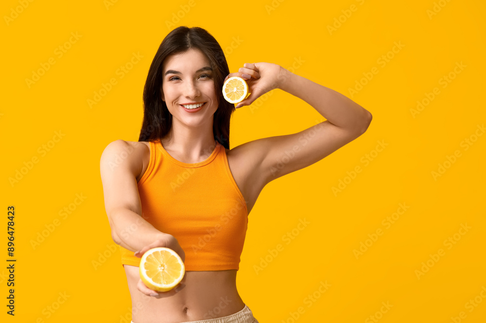 Beautiful young woman with lemon on color background