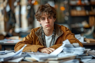 Wall Mural - Work Burnout: Overwhelmed Man Surrounded by Documents