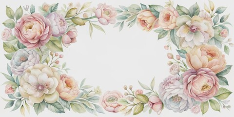  Delicate pastel watercolor flowers bloom in soft hues, framed by a perfect rectangle border, evoking romance and elegance, perfect for wedding decorations and stationery design.