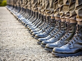 Rows of polished military boots stand at attention in precise formation, symbolizing discipline and unity, against a stark background of gravel or concrete.