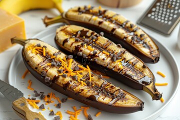 Wall Mural - Grilled banana with chocolate and cheddar cheese on white plate