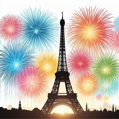 Eiffel Tower silhouette with colorful fireworks bursting in the sky above on white isolated background for Olympics event created with generative ai