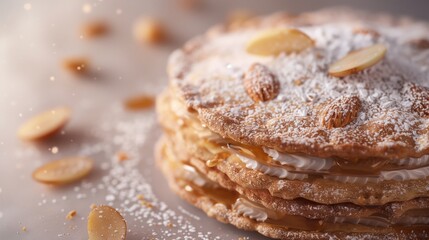 Wall Mural - Close-up of a layered golden dacquoise with creamy filling. Traditional French dacquoise made from meringue with a layer of powdered sugar.