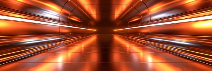 Futuristic Neon Tunnel with Orange Glow and Reflective Floor