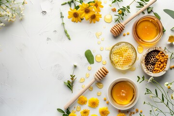 Wall Mural - Fresh honey composition on white background seen from above