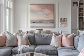 Luxury living room with grey sofa, coffee table and wall painting.