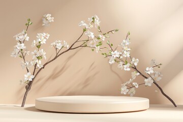 Wall Mural - front view of geometric podium with white spring flowers on pastel beige background