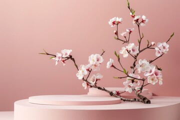 Wall Mural - front view of an elliptical podium stand displaying cosmetics alongside a pink background featuring 