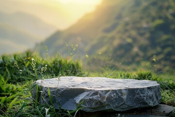 Green grass with mountains scene at sunrise a stone podium table top is an ideal display for natural beauty or healthy product placement