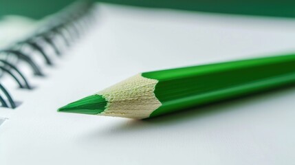 Wall Mural - Green pencil and notebook on white table Spiral pad on desk