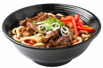 Poster - Isolated image of black bowl with beef udon on white background