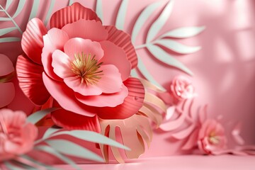 Wall Mural - Paper Flowers on a Pink Background with Palm Leaves