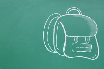 Sticker - Drawn school backpack on green chalkboard as background