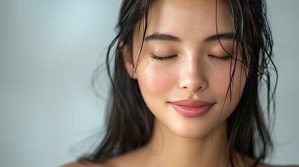 Poster - Beautiful Asian woman with long black hair touching her healthy smooth skin on a white background.