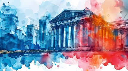 A vibrant watercolor illustration of a cityscape featuring classical architecture and colorful abstract splashes.