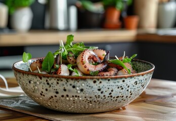 Wall Mural - Octopus salad served on a kitchen table in a ceramic dish