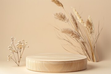 Wall Mural - product collage featuring wooden podium on beige background