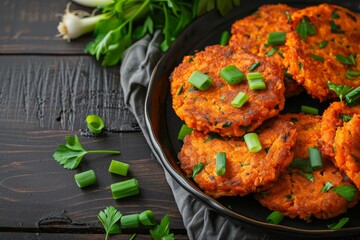 Canvas Print - Quick and healthy vegetable cutlets with carrots green onions and parsley served on a wooden table