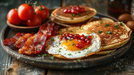 Wall Mural - Delicious Breakfast Plate with Pancakes, Bacon, and Fried Egg