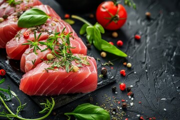 Wall Mural - Seasoned tuna steaks ready for baking against a dark backdrop