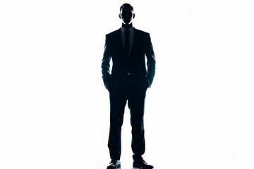 Serious Caucasian businessman in a full suit looking handsome standing alone in a studio with a white background