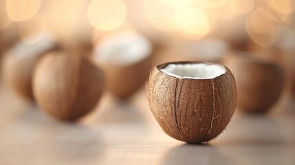 Close-up view of a cracked nut shell on a wooden surface with a blurred background, showcasing natural textures and warm colors.