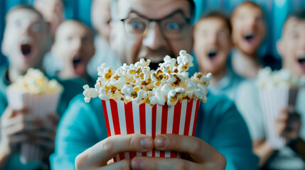 Happy audience enjoying popcorn at a cinema, showcasing excitement and fun during a movie screening.