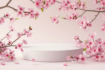 Wall Mural - spring mock up for cosmetic products featuring empty podium or pedestal with blooming flowers