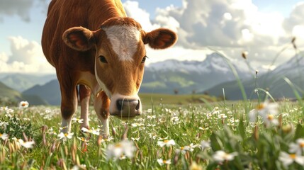 Wall Mural - large brown cow grazing on grassy pasture in bright sunlight
