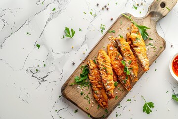 Wall Mural - Top view of breaded sardine tapas on a marble cutting board