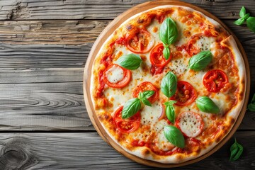 Poster - Top view of Pizza Margherita on wooden background with space for text shot from above