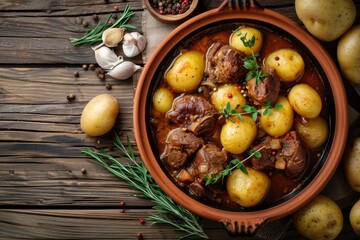 Poster - Top view of stewed potatoes with meat and spices on a wooden table