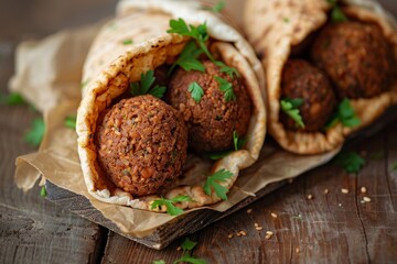 Canvas Print - Traditional Middle Eastern food served in a pita with wood background nutritious and rich in fiber protein copper folate